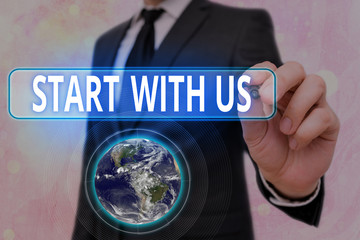 Word writing text Start With Us. Business photo showcasing inviting someone to work together for...
