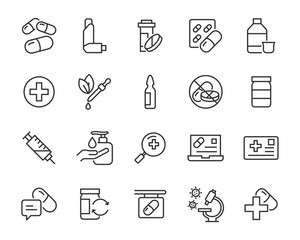 set of medicine icons, tablet, pill, pharmacy, capsule