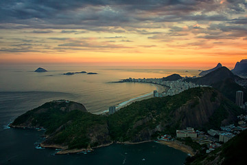 The view from the bird's eye view of Rio de Janeiro at sunset, beautiful views from Sugarloaf mountain, Brazil, South America