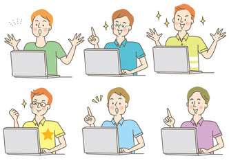 パソコン　驚く　若い男性　私服　セット