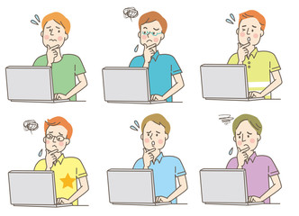 パソコン　悩む　若い男性　私服　セット