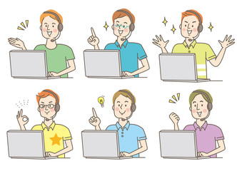 パソコン　イヤホン　笑顔若い男性　私服　セット