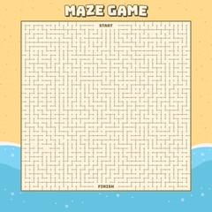 Maze puzzle game with summer beach concept background. Labyrinth conundrum hard level.