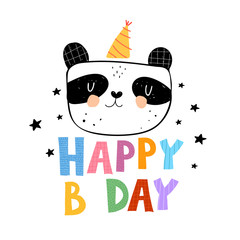 B-day. cartoon panda, hand drawing lettering with decorative elements. Colorful holiday illustration. flat style, doodle phrase. happy Birthday. Design for greeting cards, prints