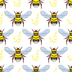 Seamless background with bees. vector background with bees on a white background and a twig