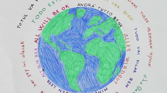All will be ok motto written in all languages around drawing of rotating Earth