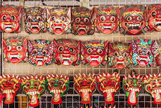 The wooden mask on market in Thailand.
