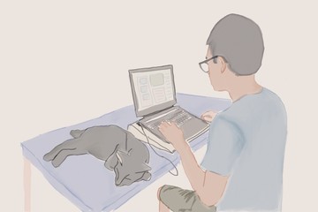 Illustration of freelancer man working from home with laptop and cat sleeping on his desk