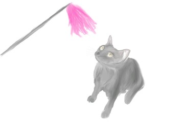 Black cat playing with toy stick - illustration