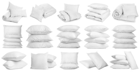 Collage of different soft pillows on white background