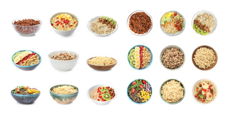 Set of different healthy dishes with quinoa on white background