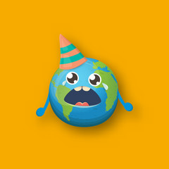 Cartoon cute crying earth planet character with funky hat isolated on orange background. Eath day or save the earth concept design poster template with funny earth globe