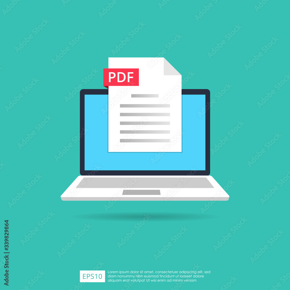Poster pdf files icon on laptop screen concept. format extension of document symbol vector illustration