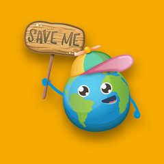 Cartoon cute earth planet character with funky hat holding sign with text SAVE ME isolated on orange background. Eath day or save the earth concept poster design template witn funny earth globe