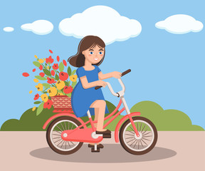 Vector flat illustration of the girl in bicycle with basket of flowers. Can be used as print, postcard, invitation, greeting card, packaging design, magazine and web illustration.