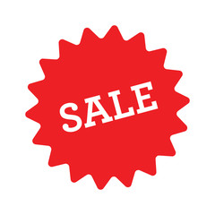 Sale sticker, red star badge. Shop offer promotion tag.
