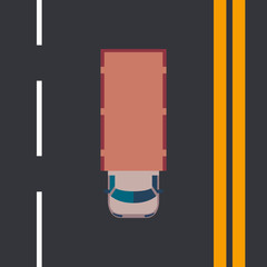 The truck goes on the road. View from above. Highway traffic. Vector illustration
