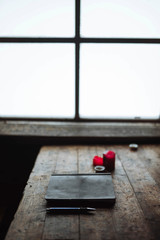 Journal on a wooden table in a forest cabin