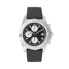 Luxury steel watch with a black rubber strap, front view on a white background