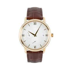 Expensive luxury classic gold watch. Gold case, dial with Roman numerals, brown crocodile strap....