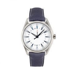 Luxury steel wristwatch with white dial and optional time zone and blue nylon strap, front view,...