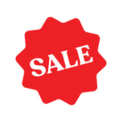 Sale sticker, red star badge. Shop offer promotion tag.