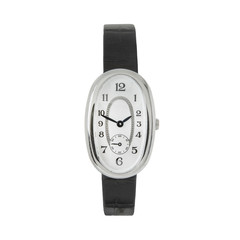 Luxury oval shaped classic watch with a white dial and black leather strap, front view isolated on...