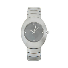 Fototapeta Luxury gray oval watch made of black high-tech ceramic diamonds, ceramic bracelet, front view isolated on white background obraz