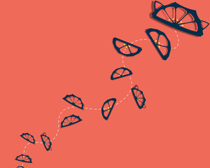 Many blue oranges are following a white dotted line on a red-orange background.