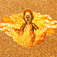 Contemporary art collage. Gold Baby Toy in crystals. Luxury life concept