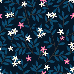 Obraz premium Floral seamless pattern. Flowers and leaves on dark blue background