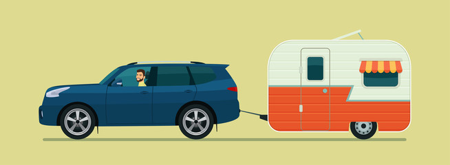Suv car with a driver and camper trailer. Vector flat style illustration.