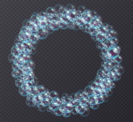 Round bubbles frame made of shampoo, soap, bath lather isolated on transparent background. Vector illustration.