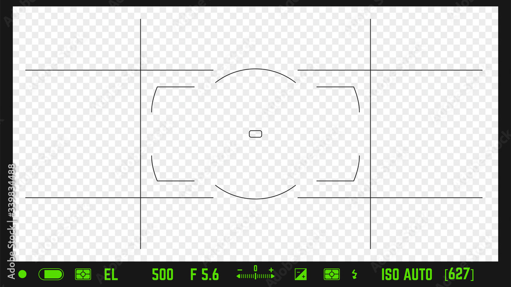 Poster photo camera realistic viewfinder overlay with image settings and autofocus points. 16:9 full hd for