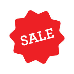 Sale sticker, red star badge. Shop offer promotion tag.