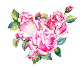 Fototapeta na wymiar Watercolor floral roses beautiful heart bouquet. Hand drawn illustration. Wedding, birthday and Valentine drawing. For greeting cards, invitations, floral design, patterns, prints. Flower decoration.