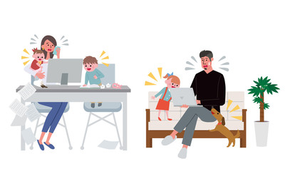 リモートワークをする夫婦　混乱　トラブル　在宅勤務　テレワーク イラスト
