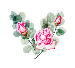 Fototapeta premium Watercolor pink roses and eucalyptus beautiful heart bouquet. Hand drawn illustration. Wedding, birthday and Valentine drawing. For greeting cards, invitations, floral design. Flower decoration.