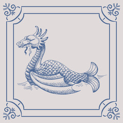 Mythological vintage sea monster. Fragment design of old pirate geographical map