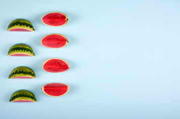 Fototapeta premium Watermelon slices composition on color background.