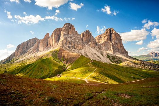 Sassolungo group seen from Col Rodella. Dolomites, Val di Fassa, Trentino Alto Adige, Italy