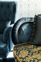 blue sofa decor element with gold thread