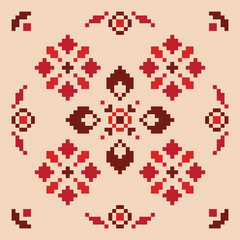 Round floral folk ornament in european scandinavian style, pixel effect of embroidery. Stock vector illustration for web and print, textile, patterns of embroideries and postcards 