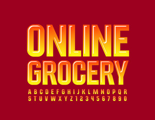 Vector bright banner Online Grocery. Gradient Yellow and Red Font. Glossy Alphabet Letters and Numbers