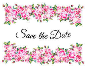 Watercolor pink roses bouquet frame template. Hand drawn floral illustration. Wedding, birthday and Valentine drawing. For greeting cards, invitations, floral design. Save the date decoration.