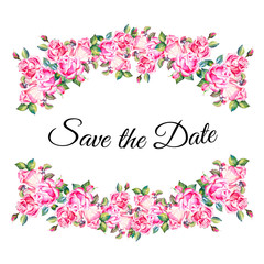 Watercolor pink roses bouquet frame template. Hand drawn floral illustration. Wedding, birthday and Valentine drawing. For greeting cards, invitations, floral design. Beautiful flower decoration.