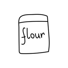 Bag with flour and wooden scoop on white background