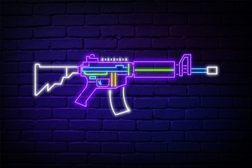 Glowing neon icons.Icons for a war game, automatic weapons isolated against a brick wall background. Sign for cyber sports, online games. Vector illustration