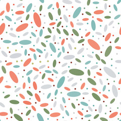 Abstract seamless pattern with terracotta, orange, green, gray, brown oval and round in shape on a white background. Vector texture, illustration. Template.