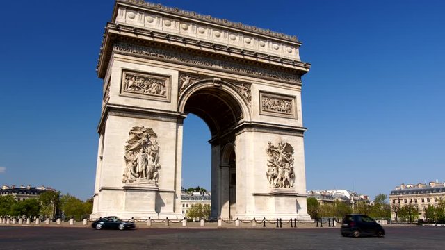 Empty streets in Paris due to Coronavirus Covid-19 lockdown with no traffic at Arc de Triomphe, Place Charles du Gaulle, France